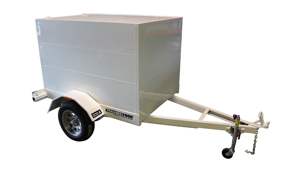 A white luggage trailer with a box.