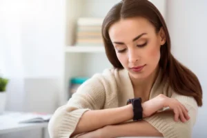 A woman in a beige sweater sitting indoors, looking at her smartwatch with a thoughtful expression. She is in a softly lit room with a blurred background suggesting an airport transfers lounge or office setting.